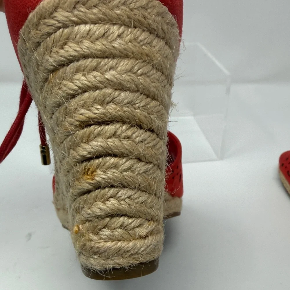 Unisa Faux Suede Orange/Red Wedge laser cut espadrille Sandals Size 9.5